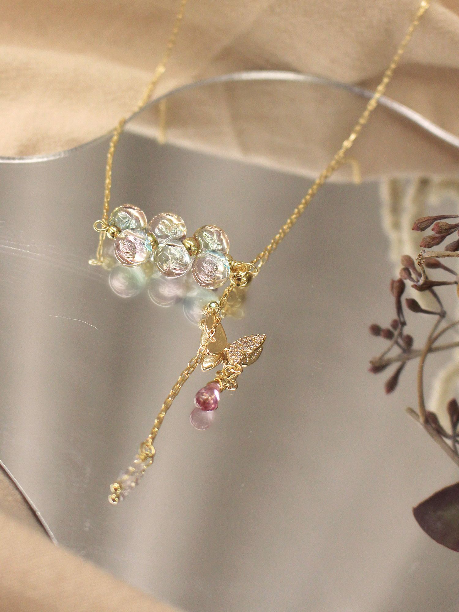 空降泡泡球。MUCHAT手作14KGP氣泡珠鋯石蝴蝶項鍊