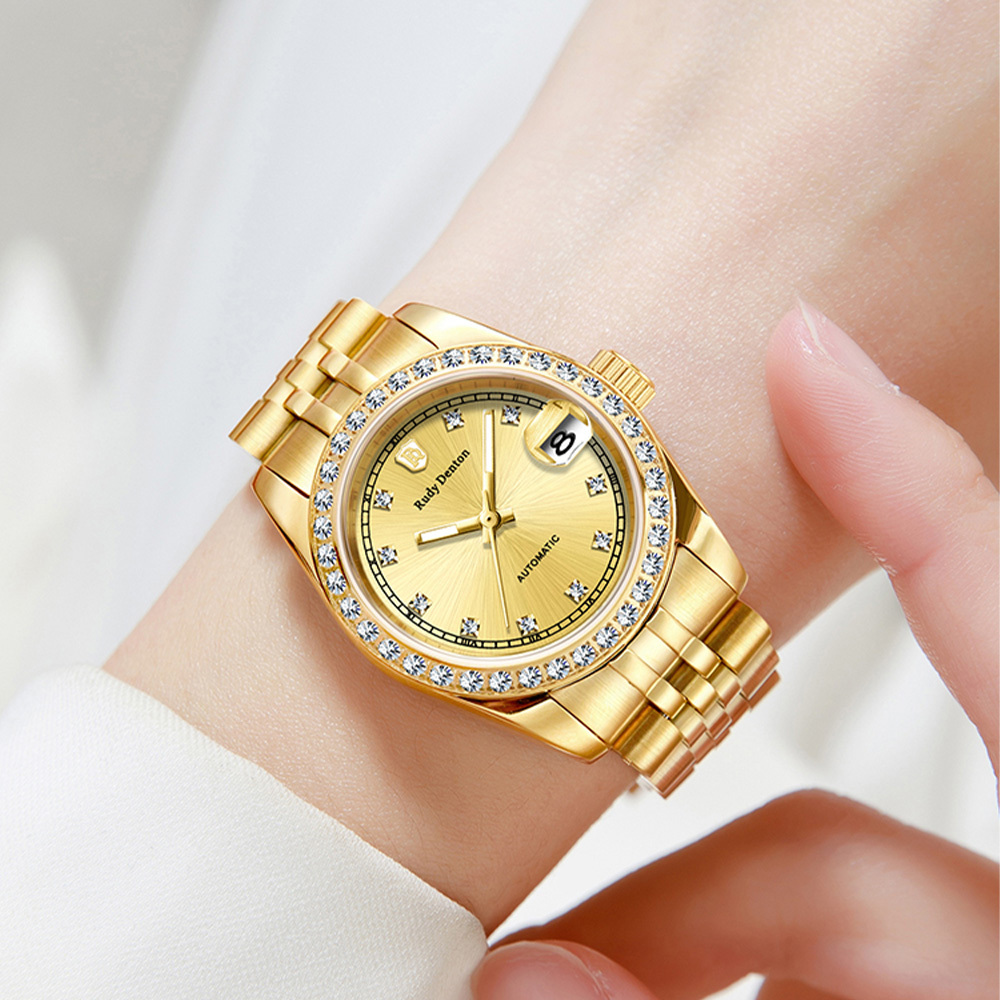 【RudyDenton 勞迪丹頓】 RDT-006-S01 真鑽時標 夜光 晶鑽錶圈 帶日期 鏤空 24K黃金 不鏽鋼 機械 手錶