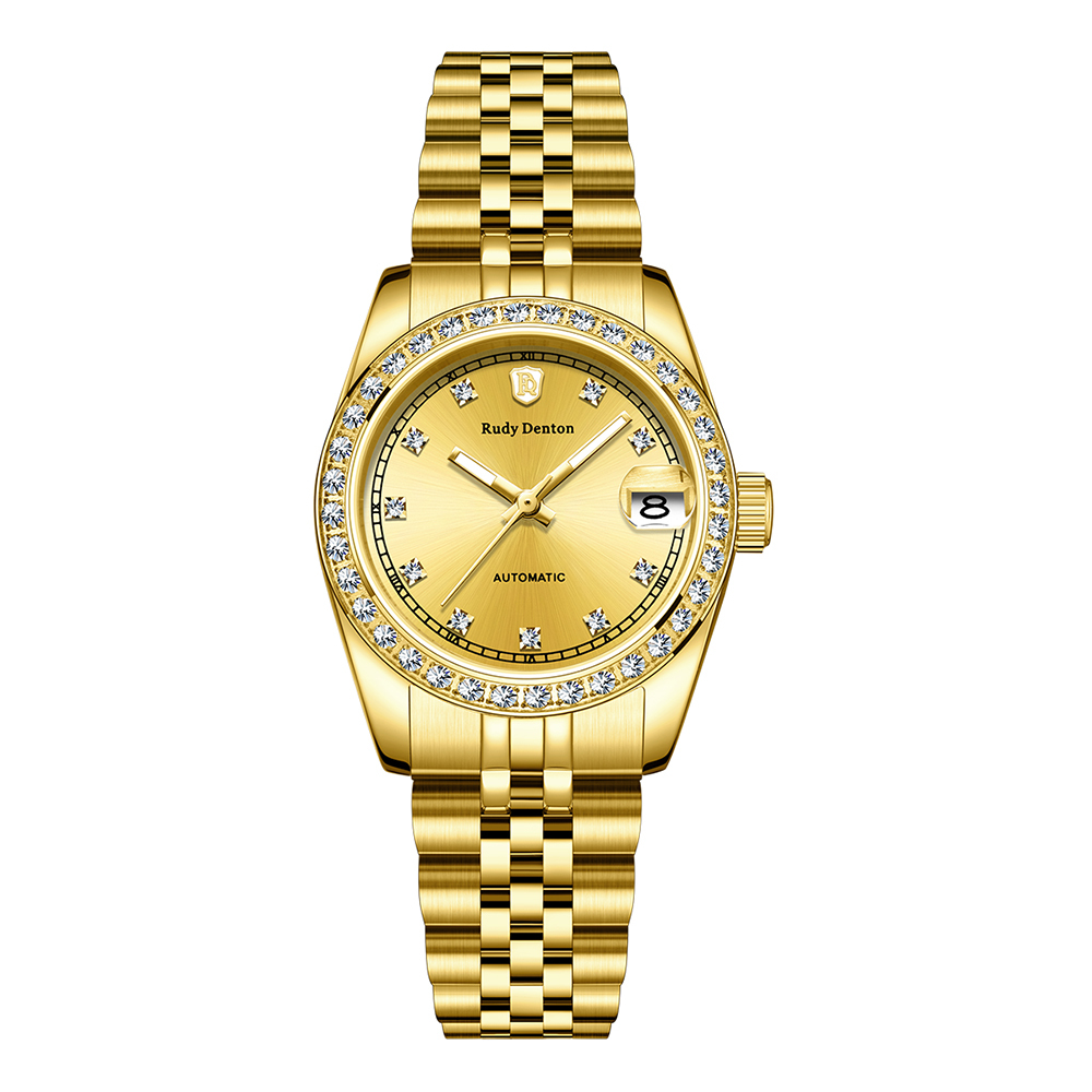 【RudyDenton 勞迪丹頓】 RDT-006-S01 真鑽時標 夜光 晶鑽錶圈 帶日期 鏤空 24K黃金 不鏽鋼 機械 手錶