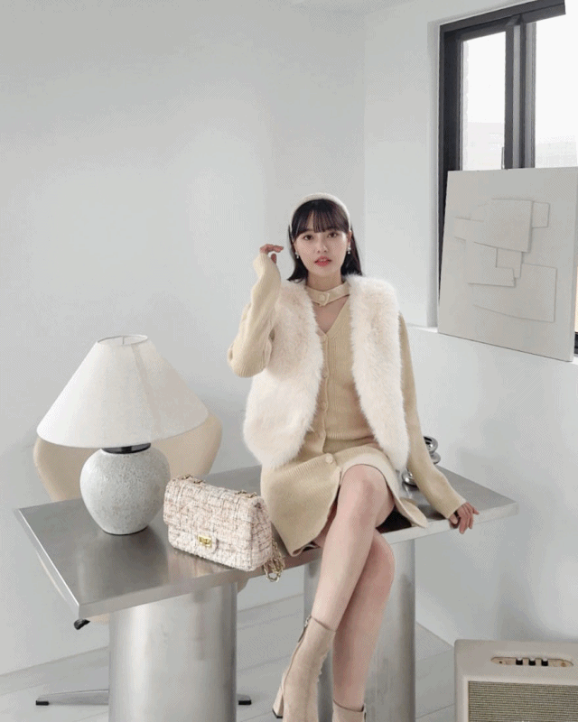 LINA LINA富家名媛高質感仿狐狸毛背心-珍珠白