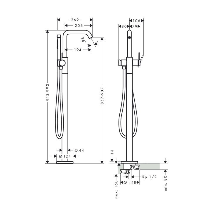 hansgrohe Tecturis S 73440, -000 + 10452, -180 Single lever bath mixer floor-standing - With GA Approval