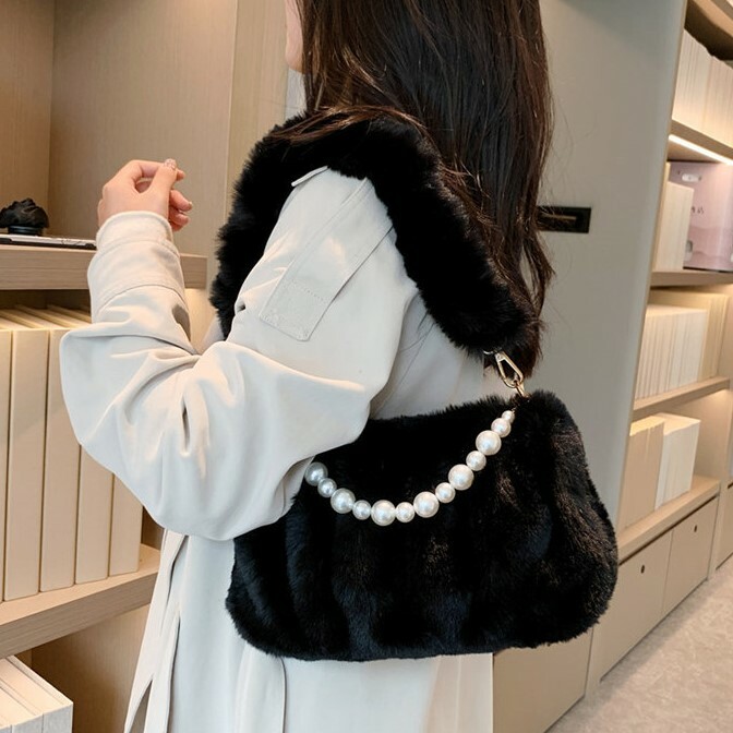Furry Shoulder Bag with Pearl Chain