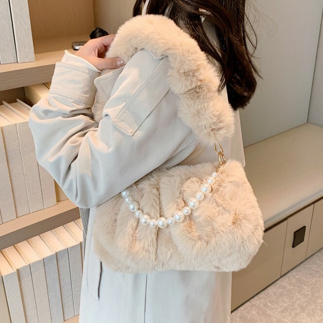Furry Shoulder Bag with Pearl Chain