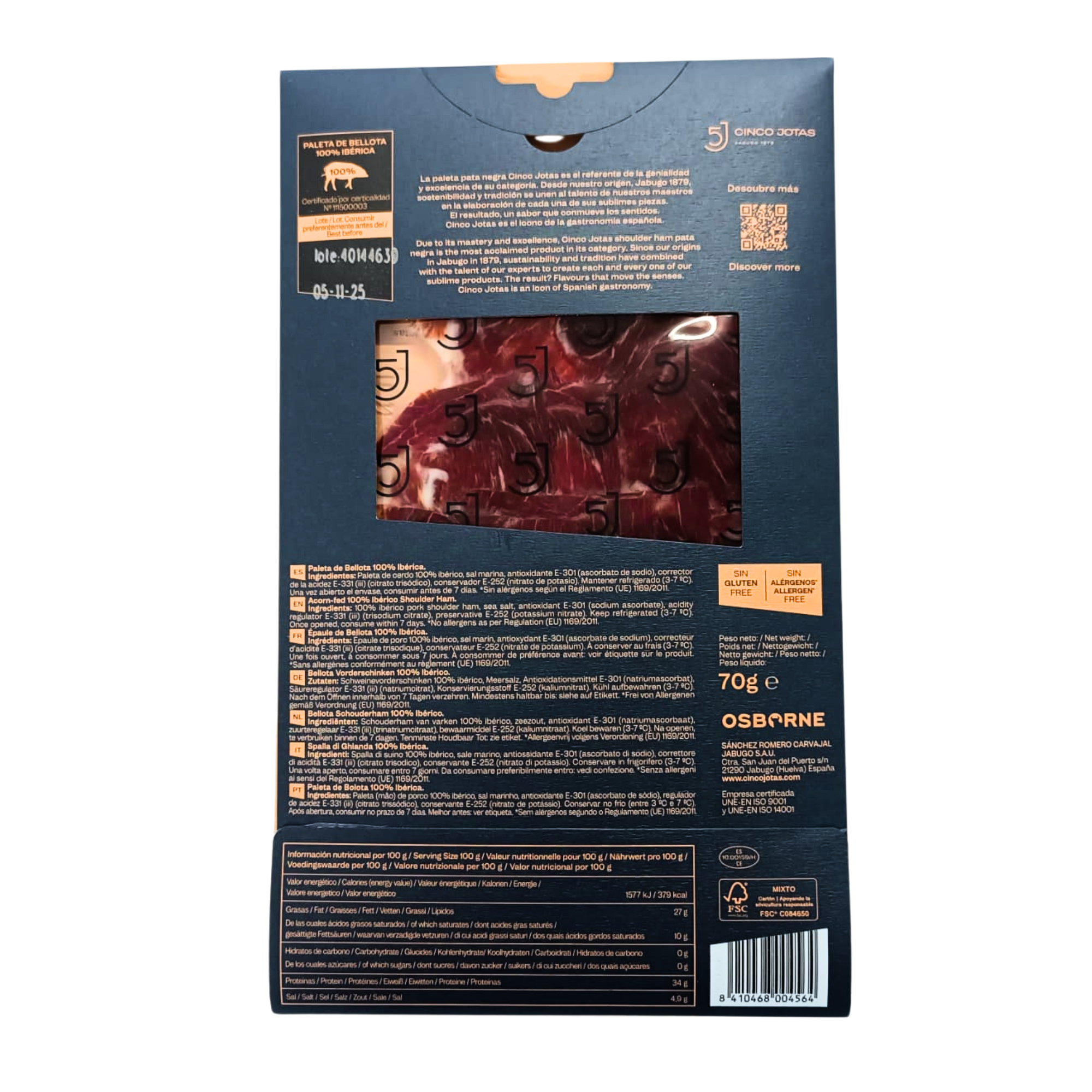 Spain 5J 100% Iberica Acorn-Fed 100% Iberico Shoulder Ham 70g/pack  (0-4°C)
