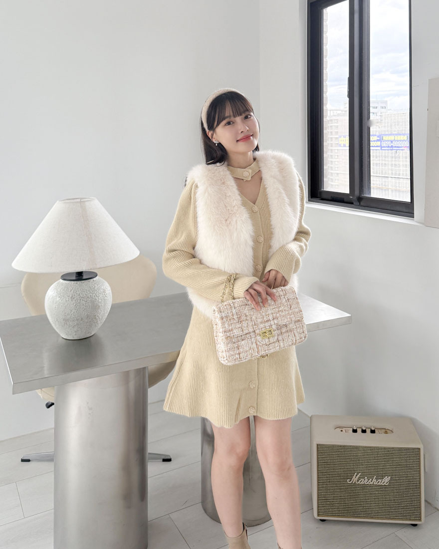 LINA LINA富家名媛高質感仿狐狸毛背心-珍珠白