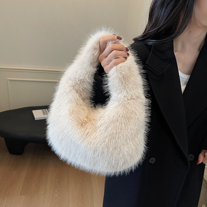 Furry Handbag with Pearl Chain