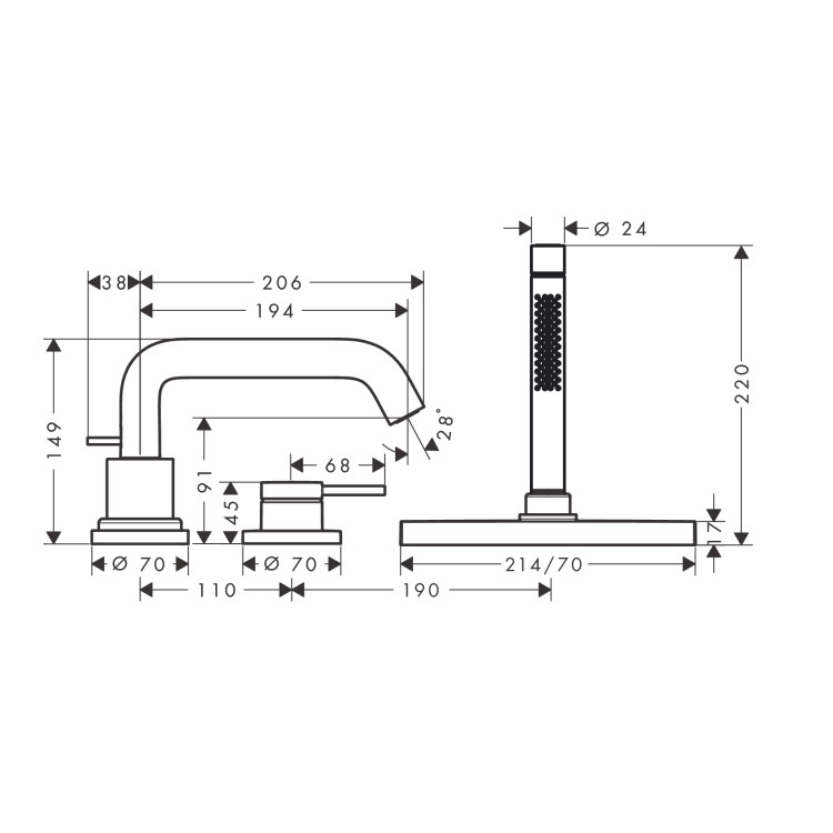 hansgrohe Tecturis S 73447, -000 + 13481, -180 3-hole rim mounted single lever bath mixer with sBox - With GA Approval