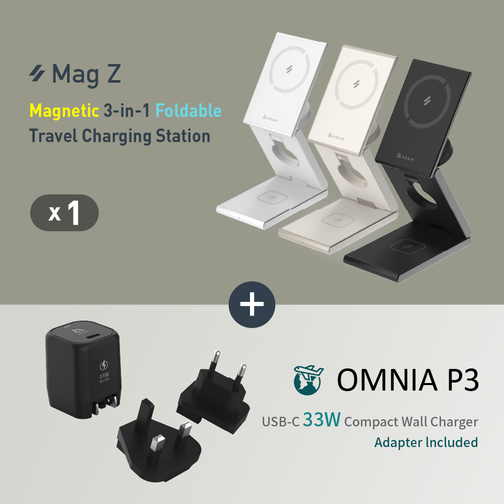 Mag Z Magnetic 3-in-1 Foldable Travel Charging Station + OMNIA P3 USB-C 33W Compact Wall Charger