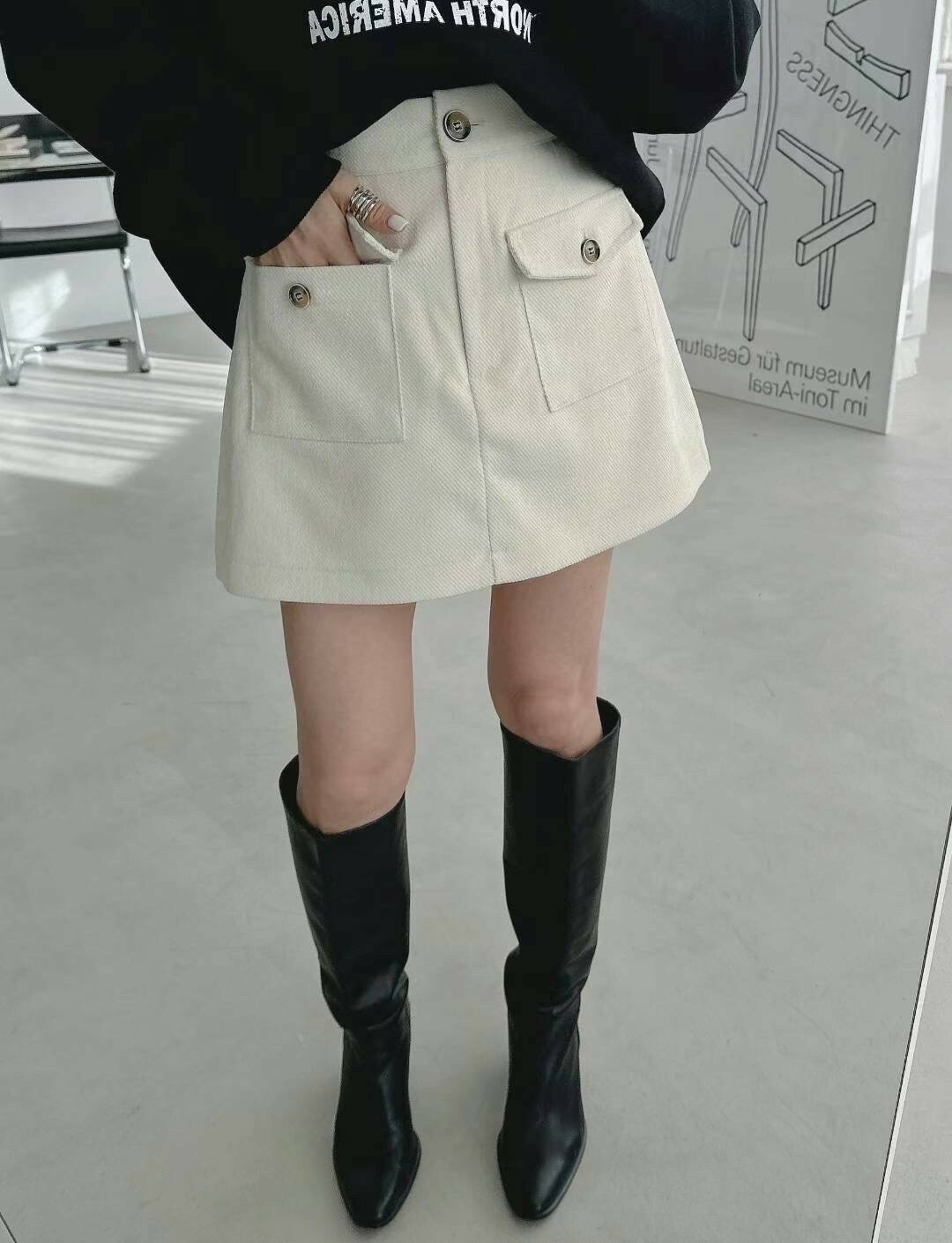 羊毛絨雙口袋A字短褲裙