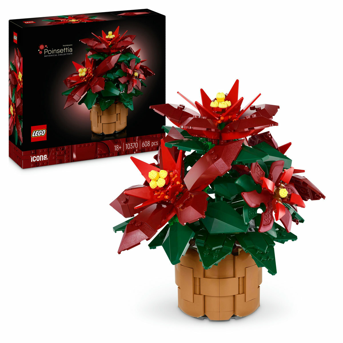用給大人的樂高 LEGO® Icons 聖誕紅居家飾品拼砌盒組製作優雅的花卉擺飾－這是出自樂高花藝系列的送禮點子。