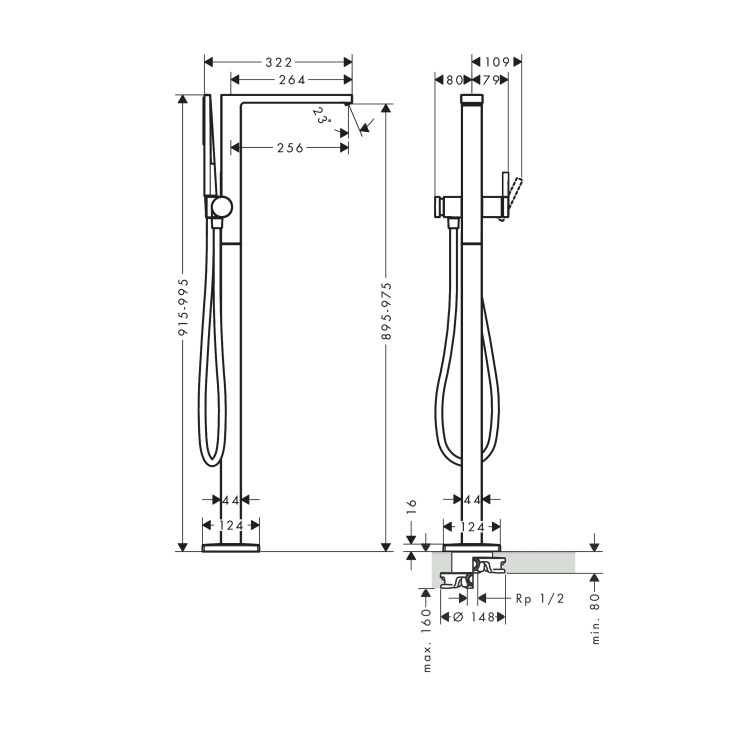 hansgrohe Tecturis E 73445, -000 + 10452, -180 Single lever bath mixer floor-standing, with WaterfallStream flow - With GA Approval
