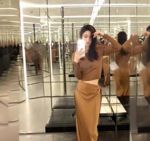 綢緞高腰裙+上衣(2件組)