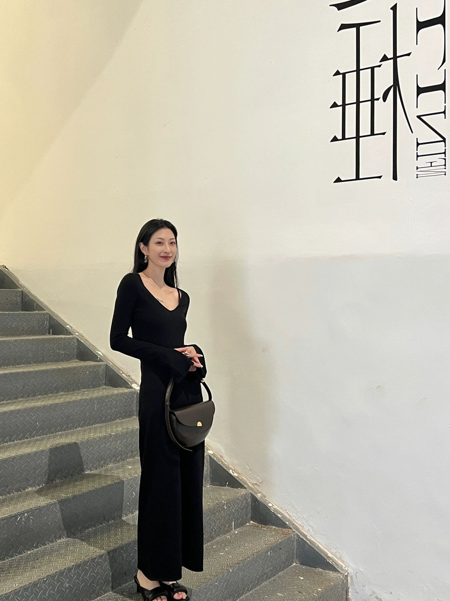 V領針織 休閒長洋裝