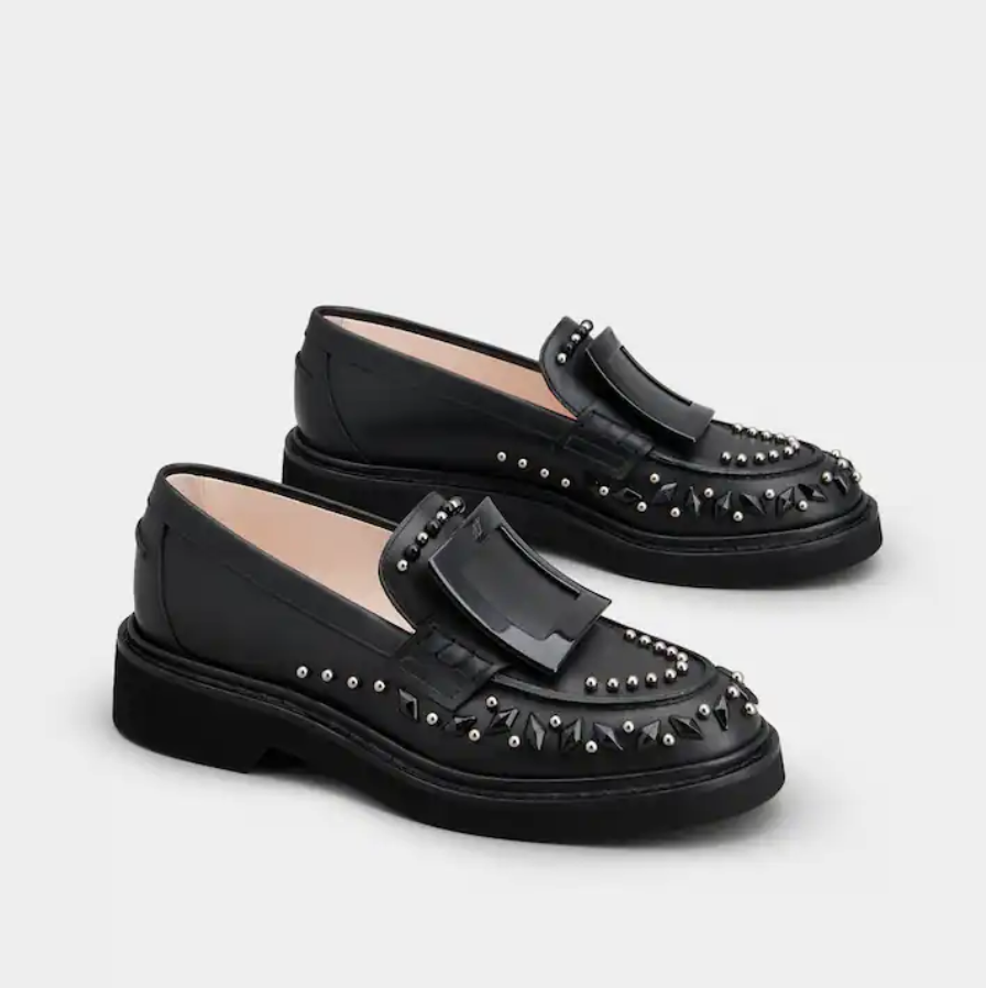 Roger Vivier RV Viv' Rangers Studs Lacquered Buckle Loafers in Leather Black