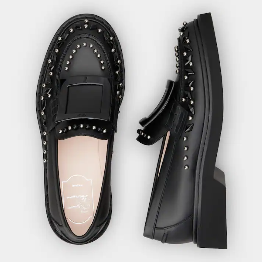 Roger Vivier RV Viv' Rangers Studs Lacquered Buckle Loafers in Leather Black