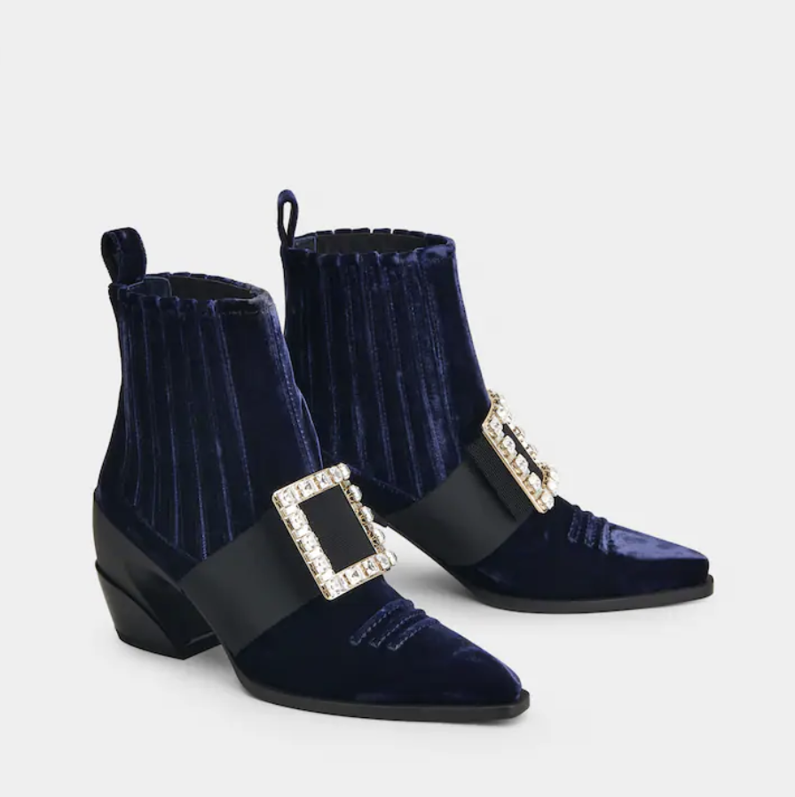Roger Vivier RV Viv' Tex Strass Buckle Velvet Ankle Boots Blue