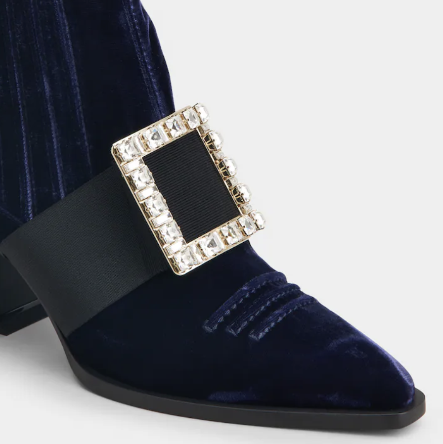 Roger Vivier RV Viv' Tex Strass Buckle Velvet Ankle Boots Blue