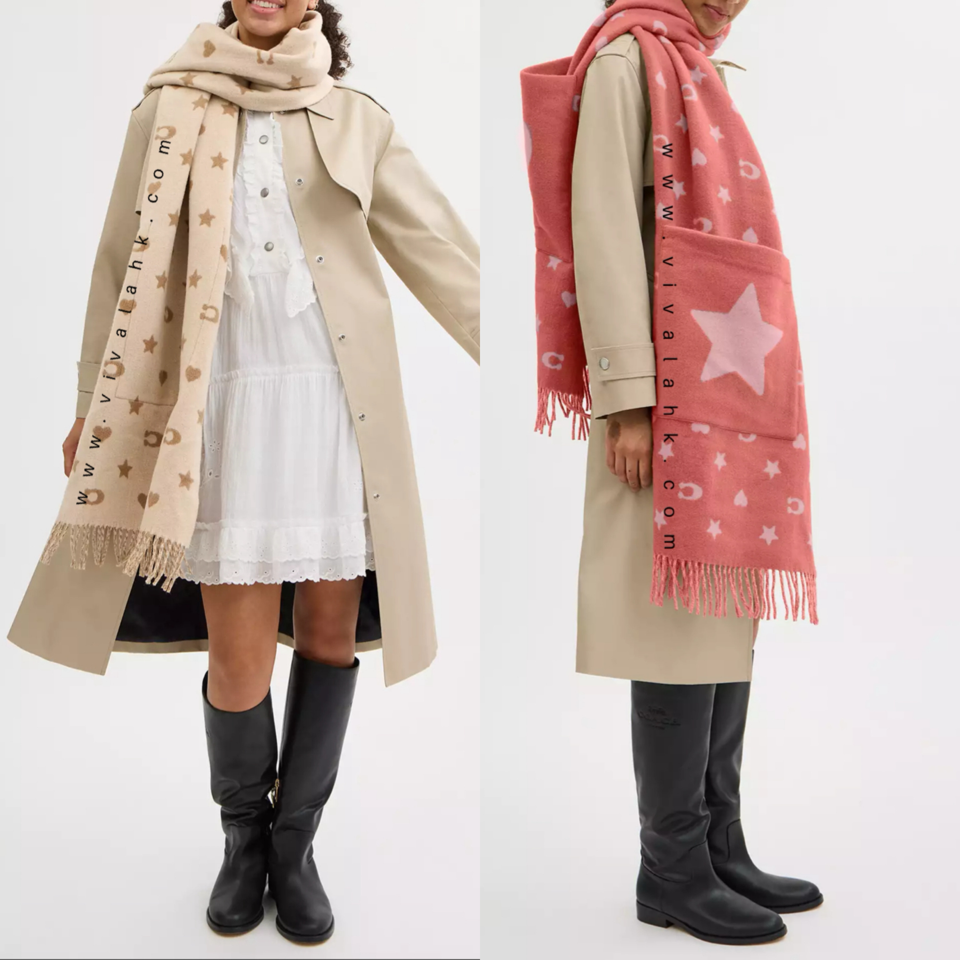 Coach - 星星+心心印花特大圍巾 (連插手袋) (CW763)