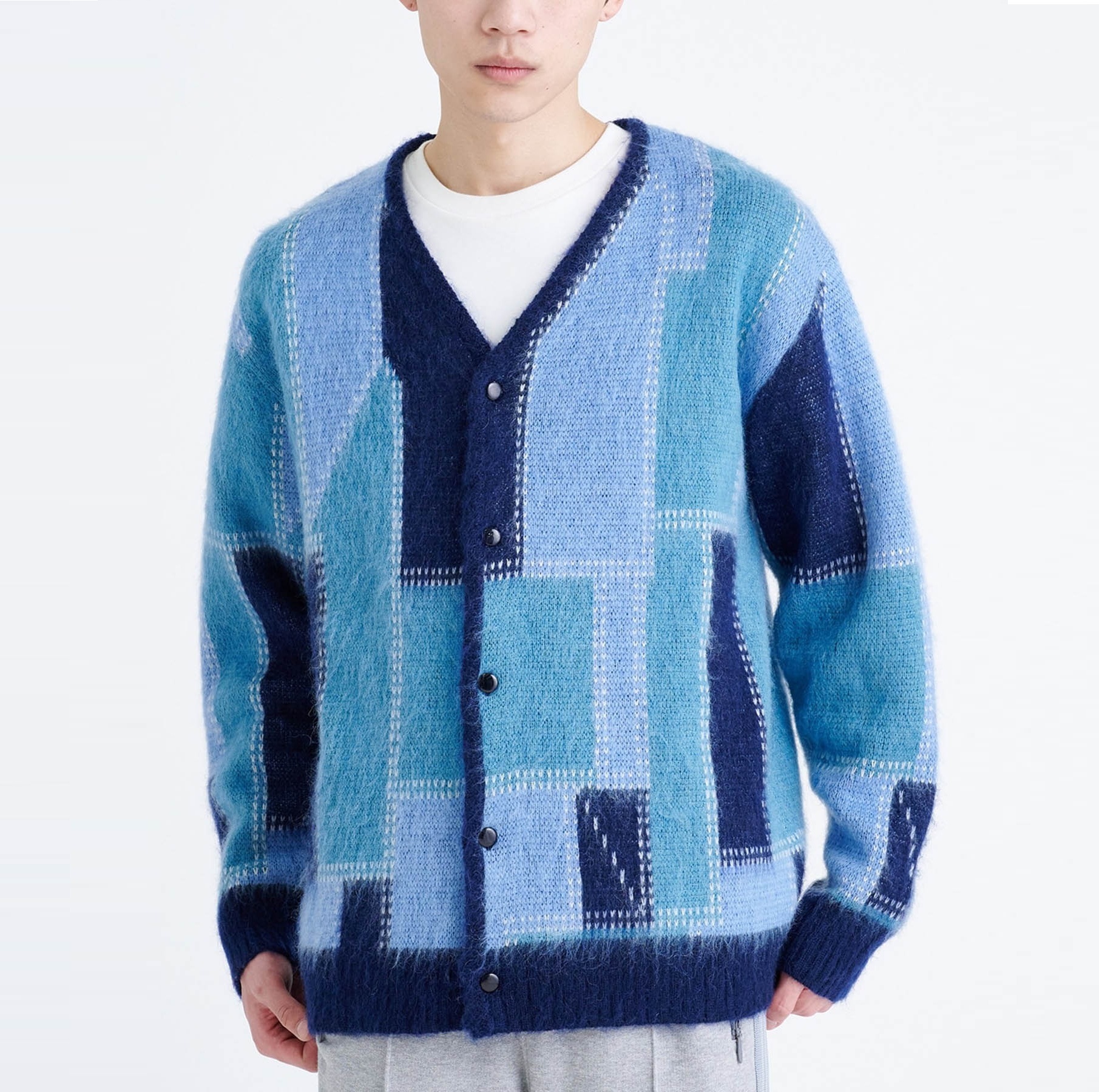 NEEDLES 2024 A/W MOHAIR CARDIGAN PATCHWORK MOTIF - BLUE PRE ORDER ITEM (預訂中)