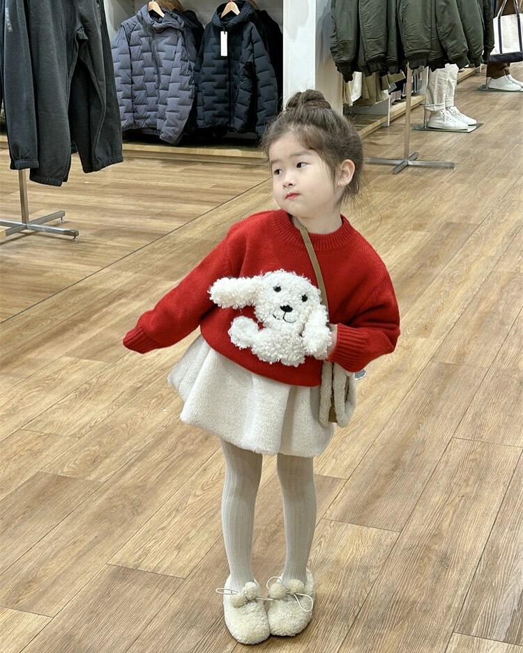 喜氣紅紅小狗上衣/米色毛絨短裙