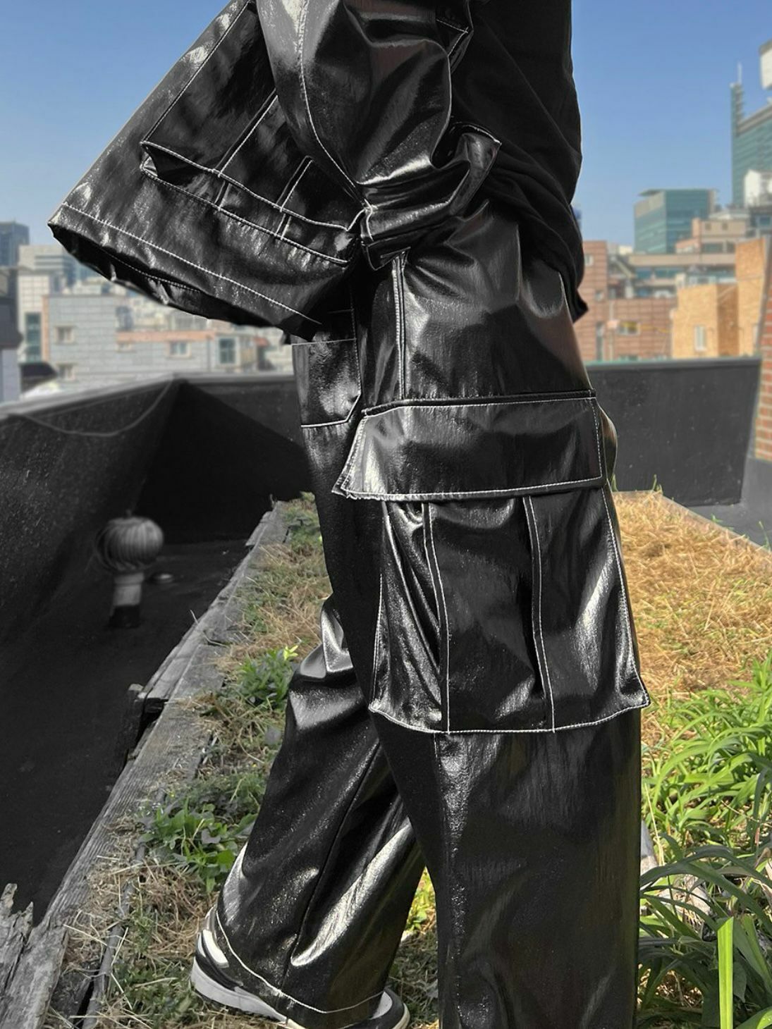 淨色合成皮工裝鬆身褲 P3008