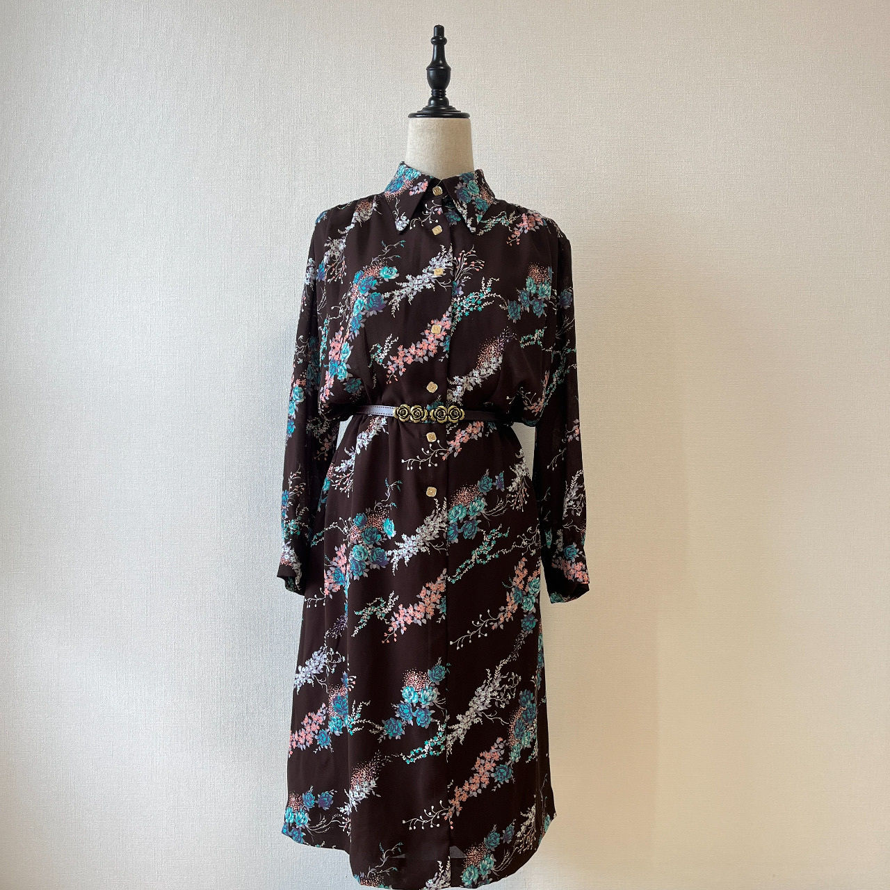 啡色浪漫花束古着連身裙