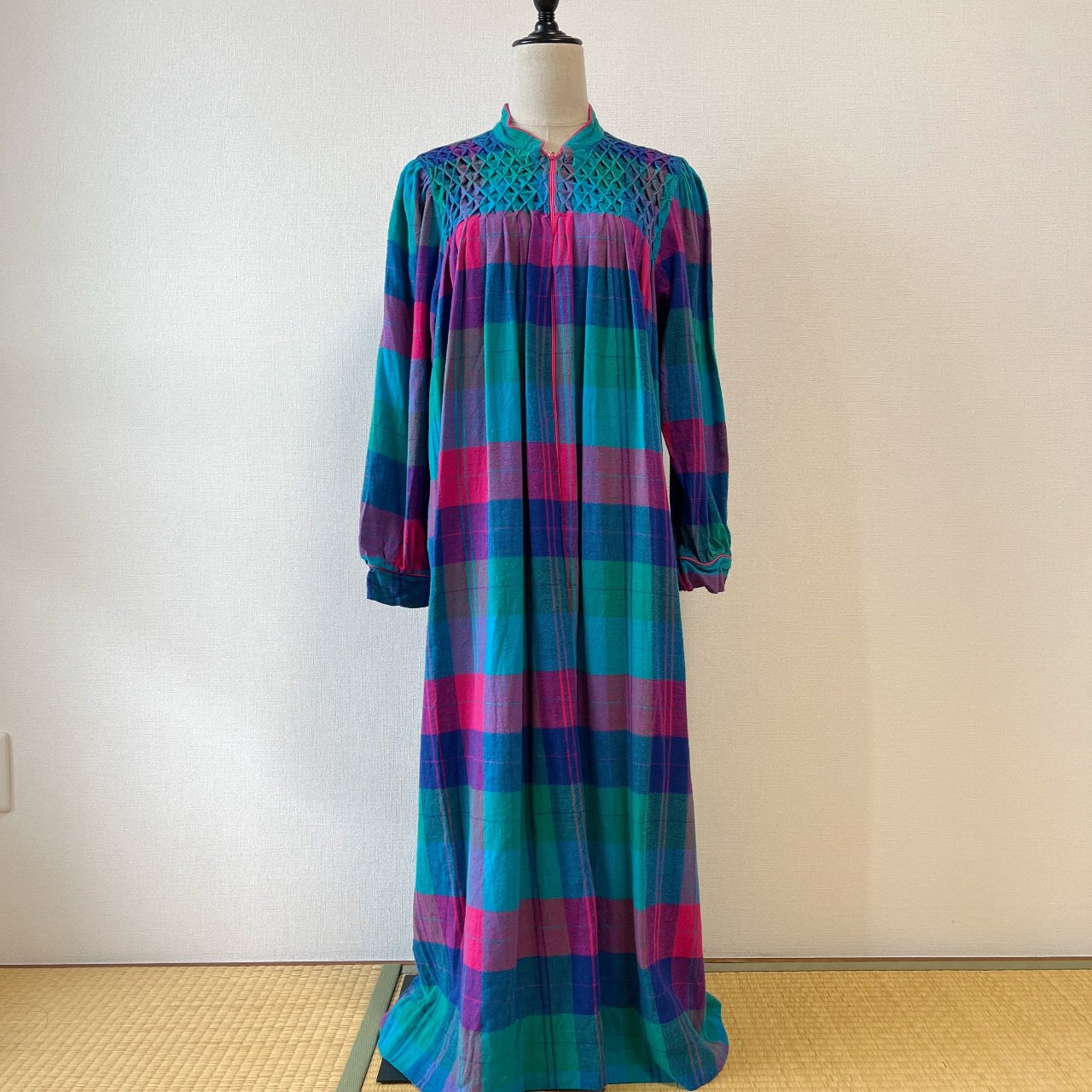 紫藍色皺摺繡格紋古着連身裙