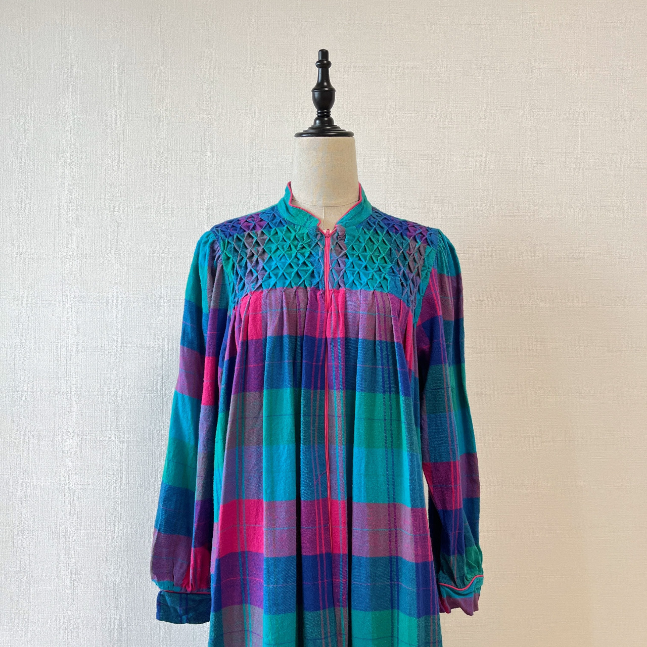 紫藍色皺摺繡格紋古着連身裙