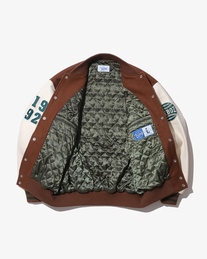 KEBOZ - MELTON & LEATHER VARSITY JACKET / BROWN
