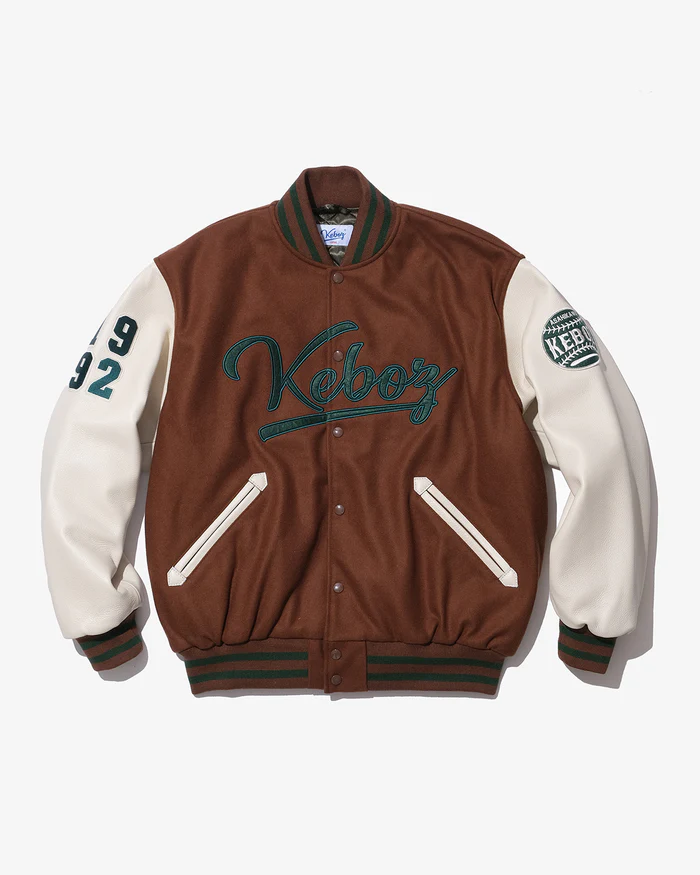 KEBOZ - MELTON & LEATHER VARSITY JACKET / BROWN