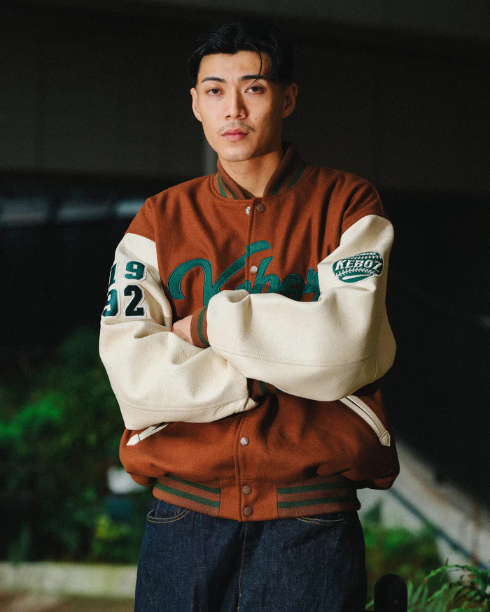 KEBOZ - MELTON & LEATHER VARSITY JACKET / BROWN