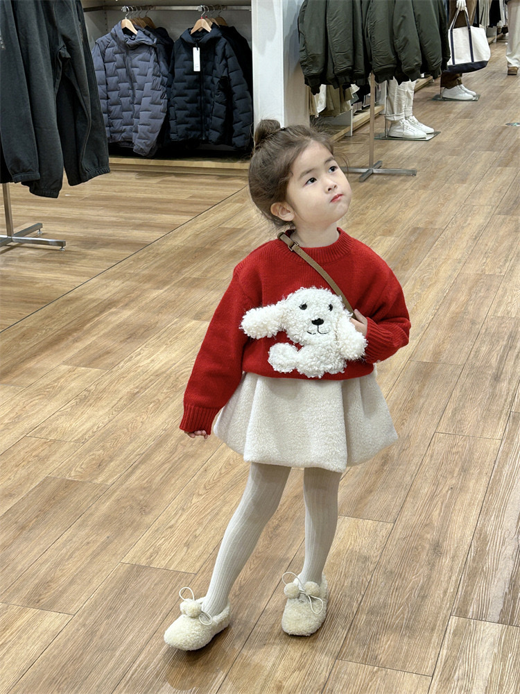 喜氣紅紅小狗上衣/米色毛絨短裙