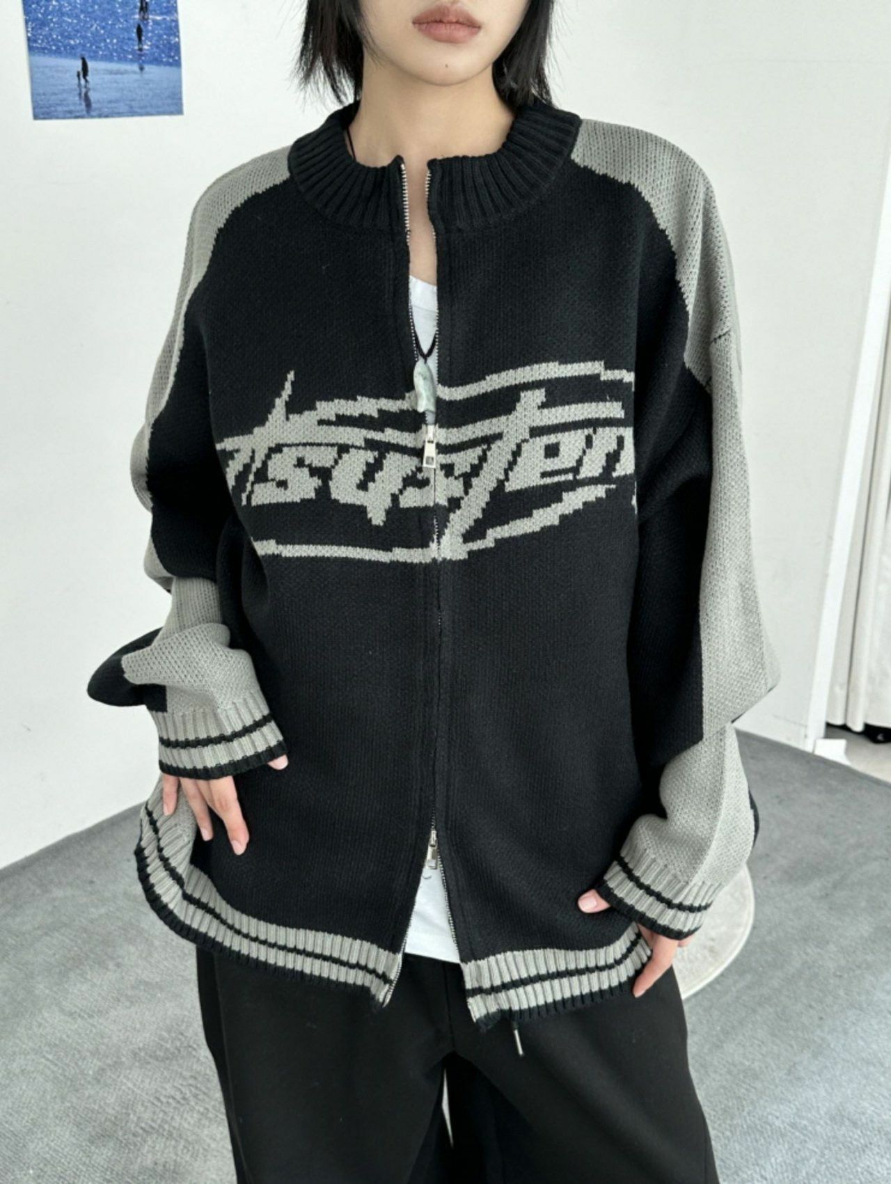 英文字拉鍊針織外套 MEMENTO-027JK