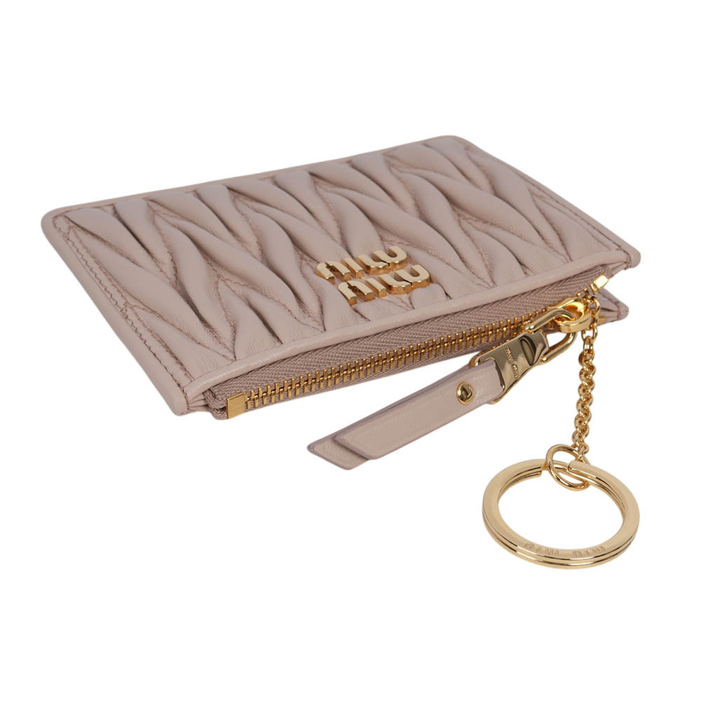 【MIU MIU】金字納帕皮革附鑰匙釦拉鍊卡片夾/零錢包(粉色)5MC093 2FPP F0236