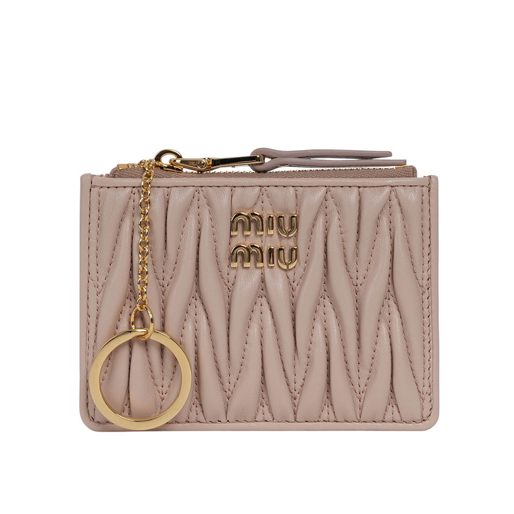 【MIU MIU】金字納帕皮革附鑰匙釦拉鍊卡片夾/零錢包(粉色)5MC093 2FPP F0236