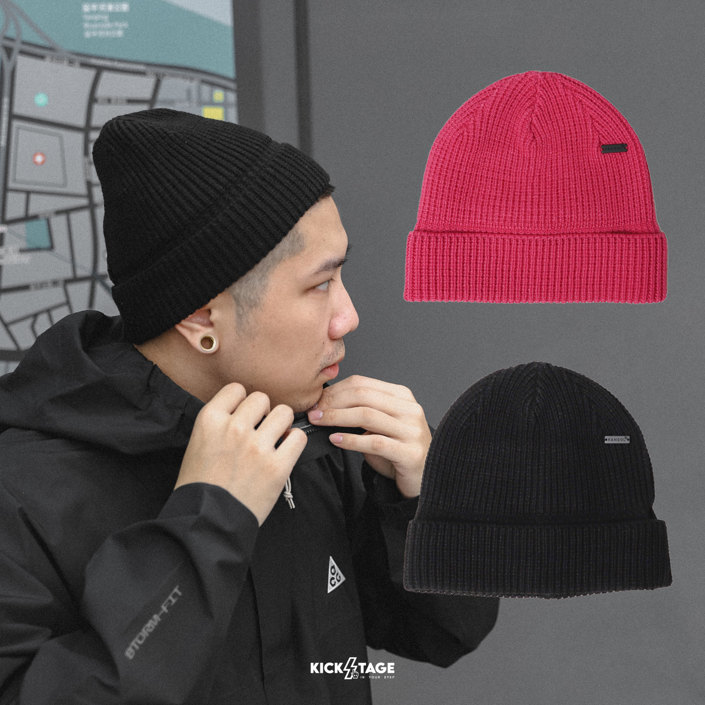 KANGOL SHORT WAFFLE BEANIE 黑色 桃紅 三用 小標 英國 袋鼠 短毛帽 針織帽【W21A3525】