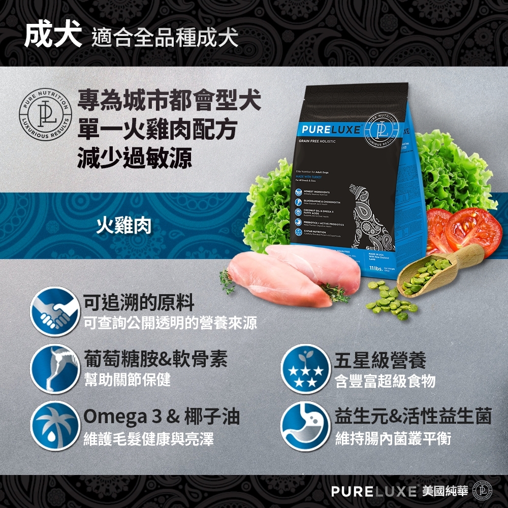 pureluxe美國純華火雞肉口味成犬糧