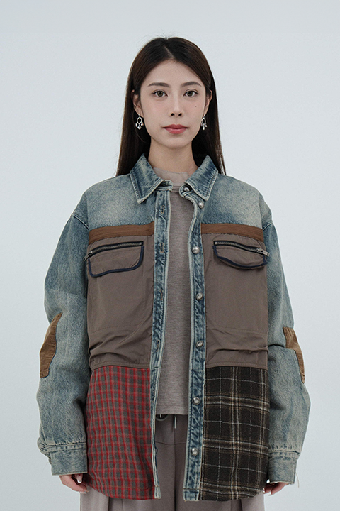 混款拼布間棉牛仔恤衫外套 (現貨款式）