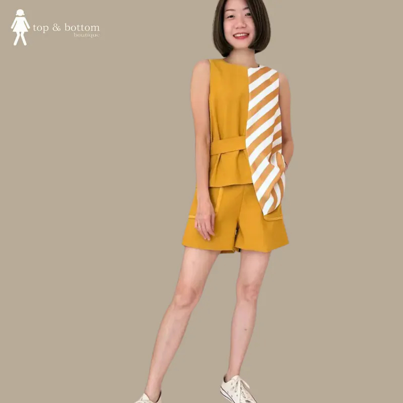 STRIPED ASYMMETRIC BLOUSE WITH SHORT SET SUIT (2 PCS)