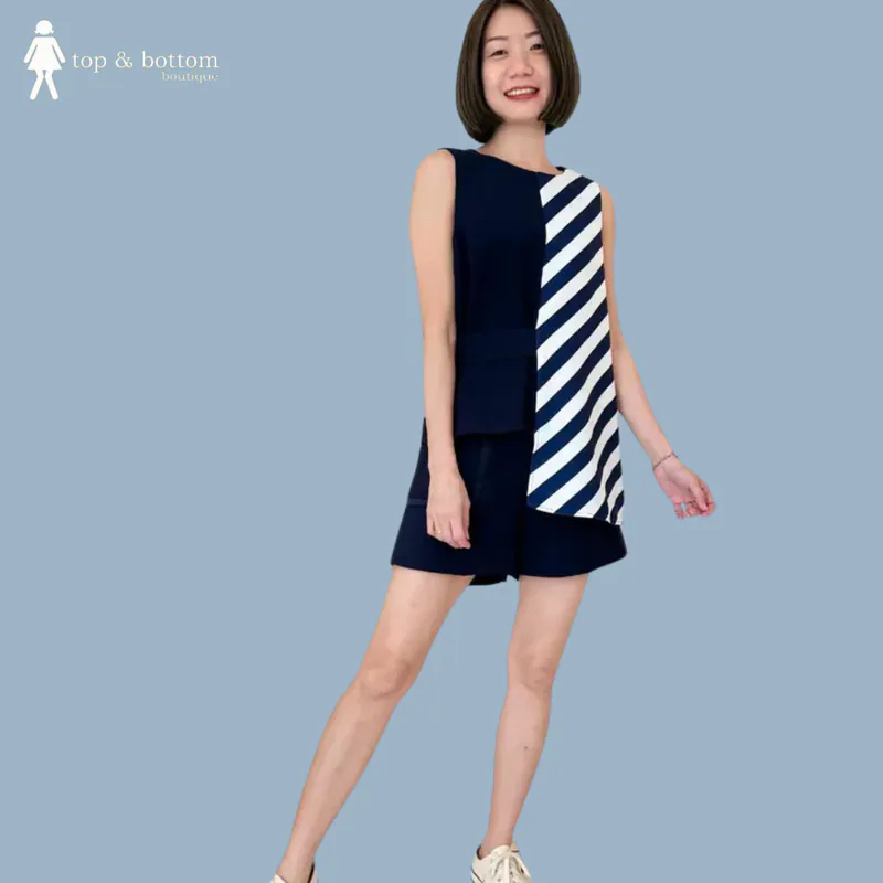 STRIPED ASYMMETRIC BLOUSE WITH SHORT SET SUIT (2 PCS)