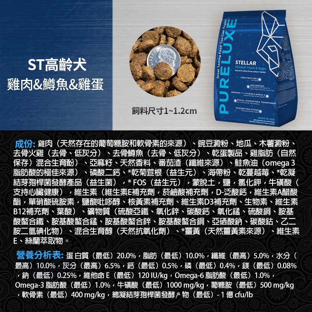 pureluxe美國純華雞肉加鱒魚加雞蛋ST老犬糧