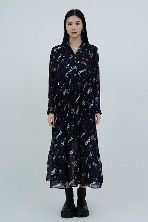 海底世界印花雪紡連身裙  (現貨款式）