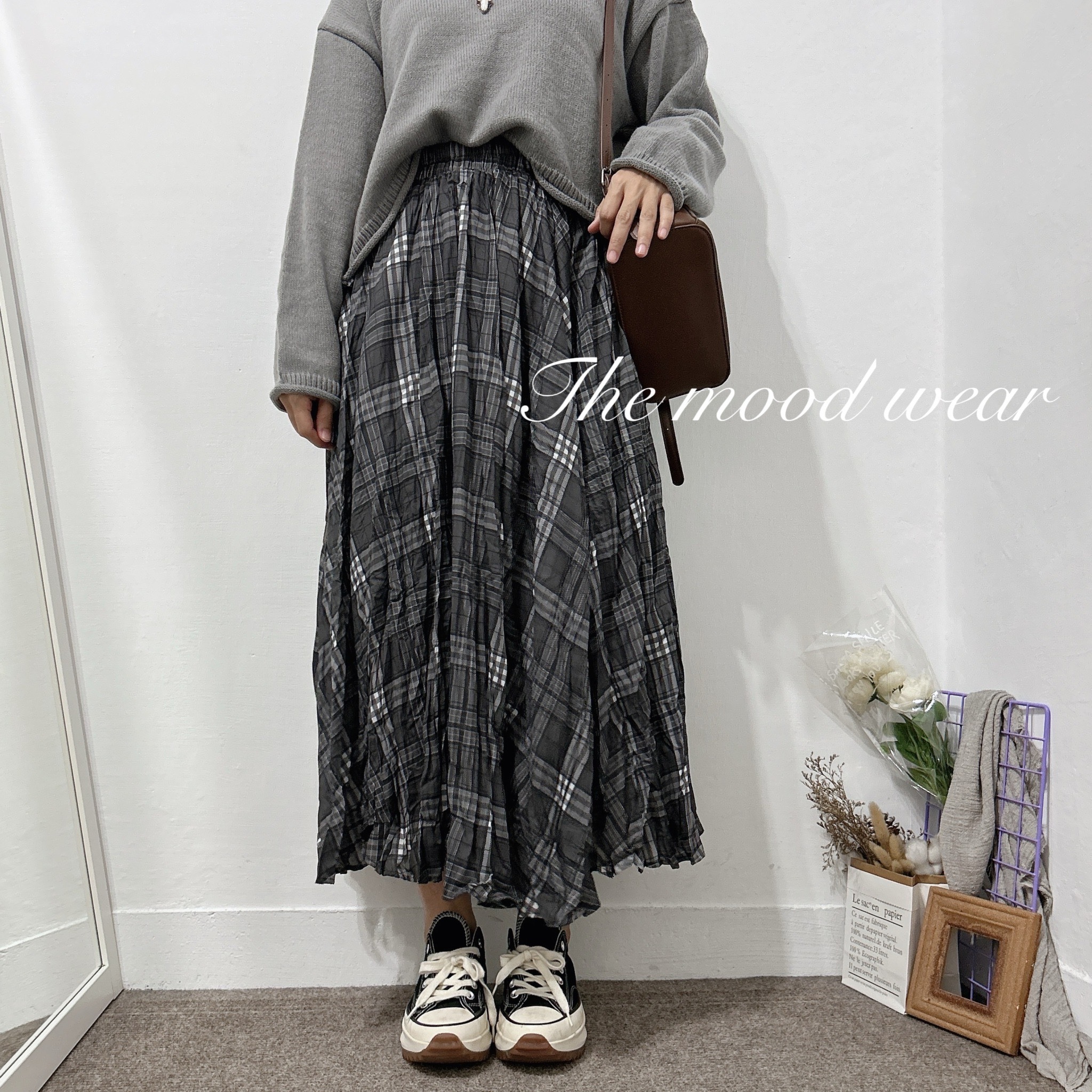 日系女裝 大格紋壓褶長裙 格子長裙 (藍/深灰)