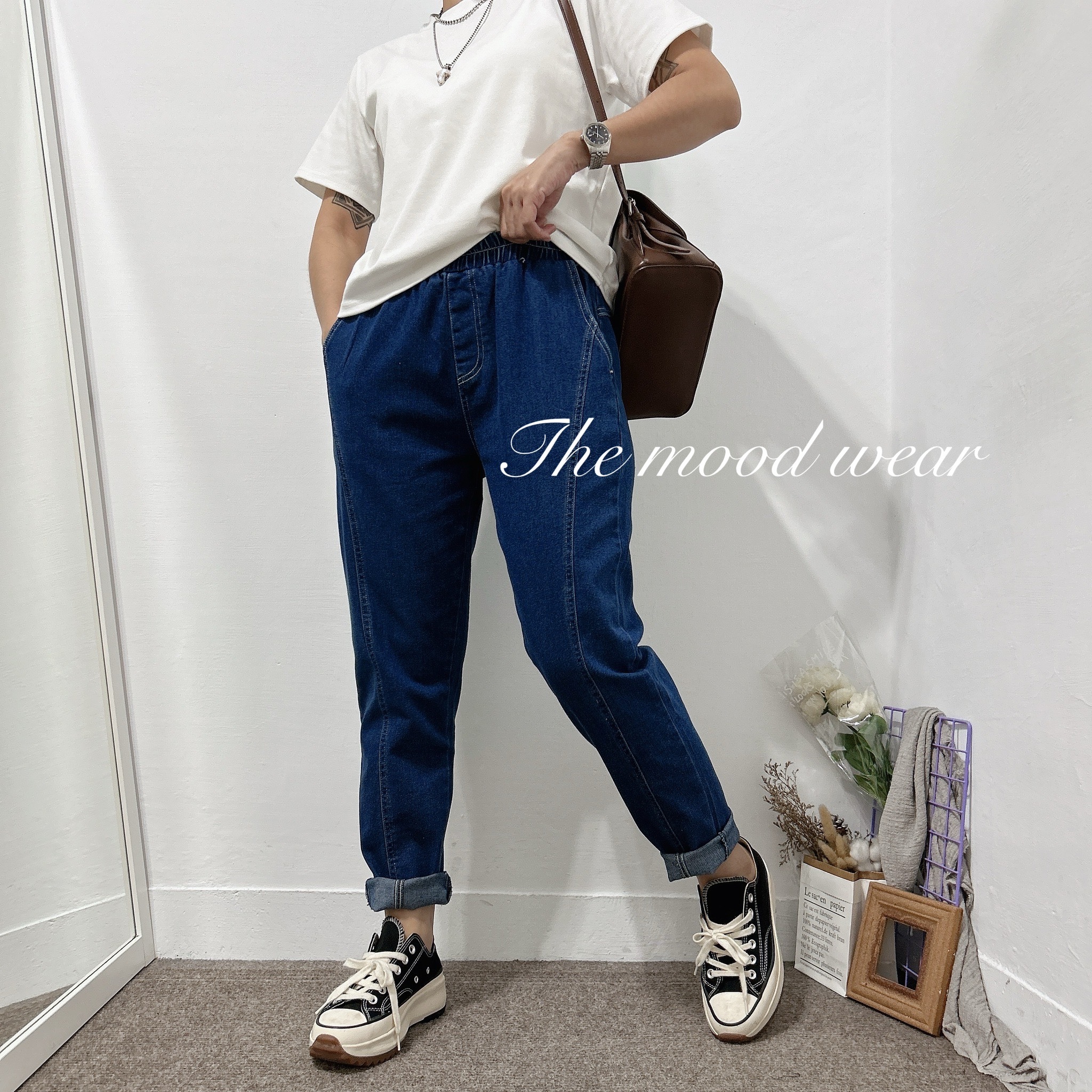 撞色車線修飾假誇寬牛仔休閒褲