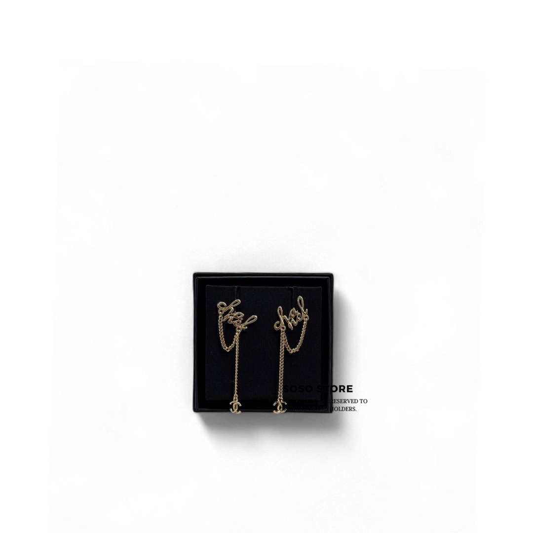 Chanel Logo Drop Chain Earrings - Gold