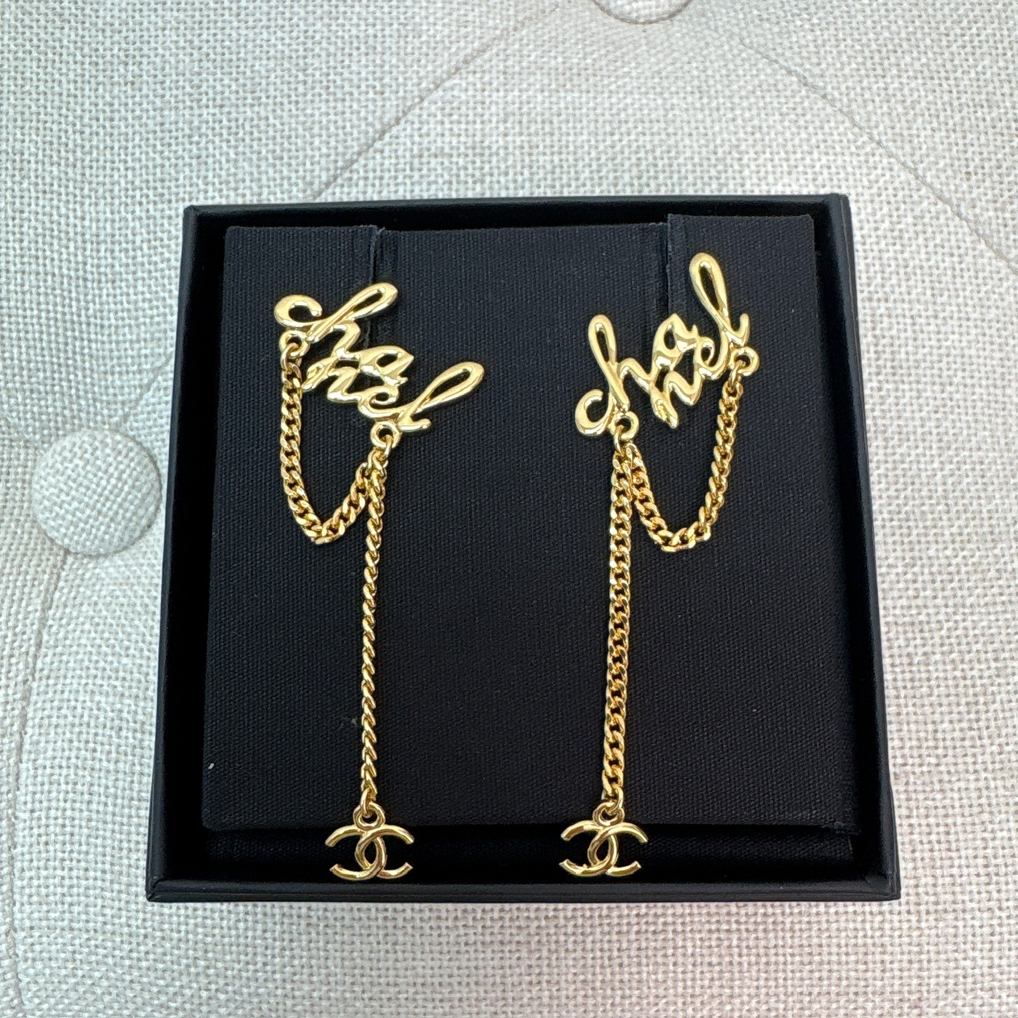 Chanel Logo Drop Chain Earrings - Gold