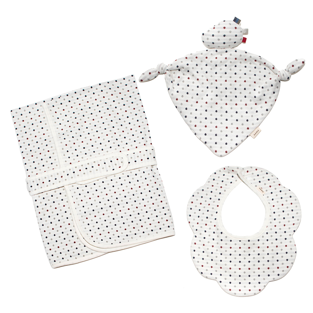 PIPPY 優雅點點純棉雙面包巾+小恐龍口水巾3件組初生禮盒 米白