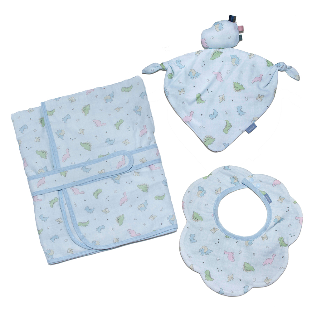 PIPPY 可愛恐龍印花棉質包巾+立體恐龍頭口水巾3入組初生禮盒 水藍