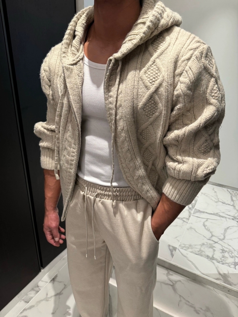 漁夫麻花針織連帽拉鍊外套