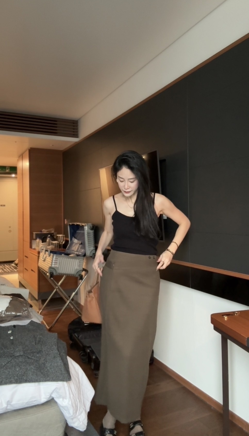 斜腰拼接設計感兩穿長裙再附短裙